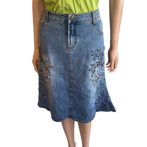 Mango Vintage Bead Applique Jean Skirt 33x25 5 pockets Cotton Stretch Medium - Picture 3 of 17